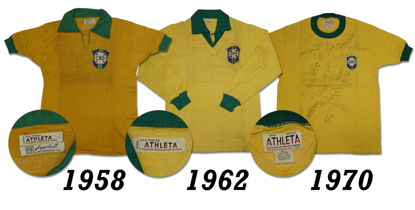1958、1962、1970 三代巴西代表隊球衣，皆由 ATHLETA 縫製